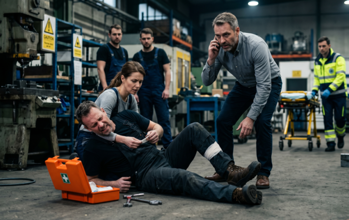 Poszkodowany pracownik w stroju roboczym leżący na hali produkcyjnej, koledzy z pracy udzielający mu pierwszej pomocy i dzwoniący po służby ratunkowe.