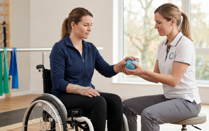Kobieta na wózku inwalidzkim z opaską na nadgarstku podczas ćwiczeń z fizjoterapeutką w gabinecie rehabilitacyjnym