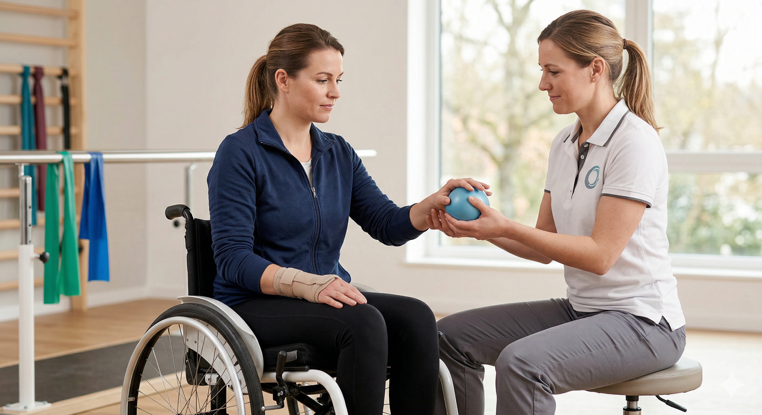 Kobieta na wózku inwalidzkim z opaską na nadgarstku podczas ćwiczeń z fizjoterapeutką w gabinecie rehabilitacyjnym