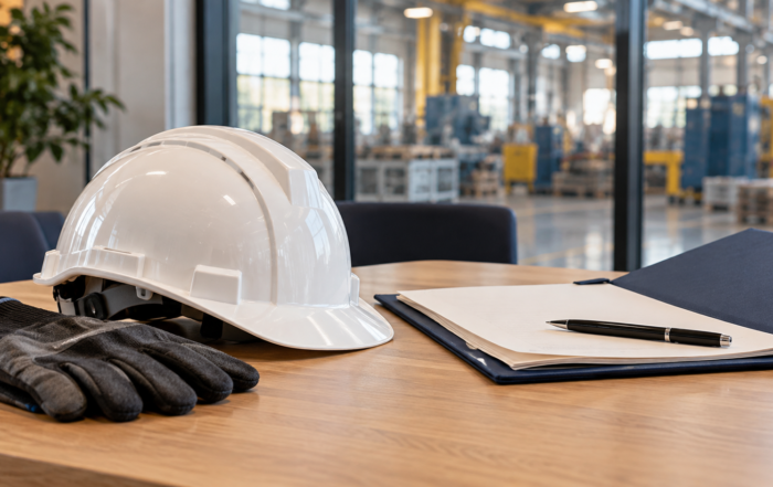 Kask ochronny, rękawice robocze i dokumenty na biurku, z halą produkcyjną w tle.
